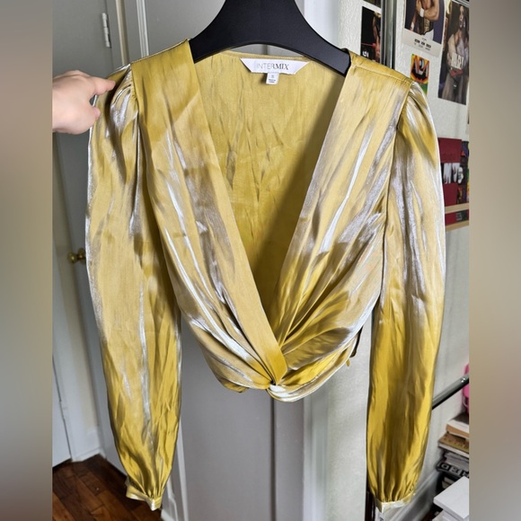 INTERMIX Metallic Drape Front Blouse - Picture 1 of 5